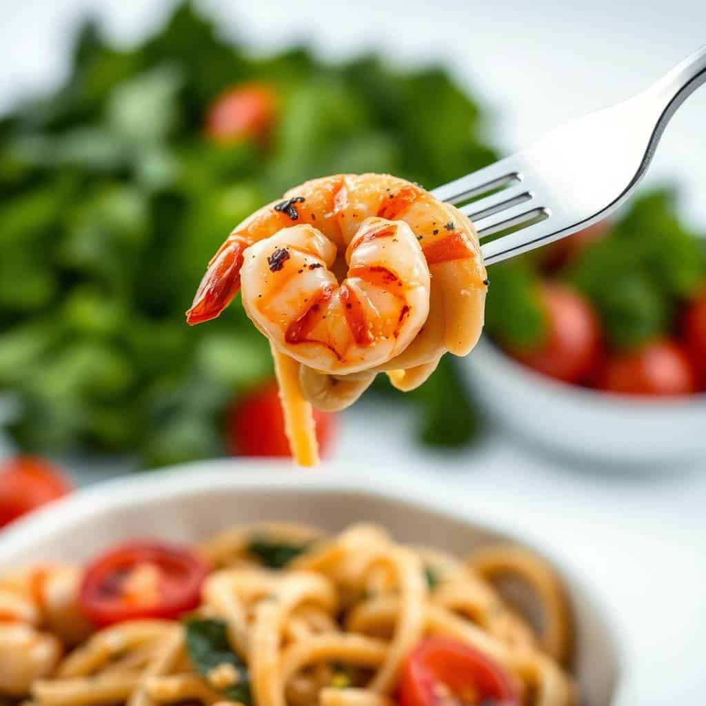 Grilled shrimp on fork held above pasta bowl with fresh greens and tomatoes.