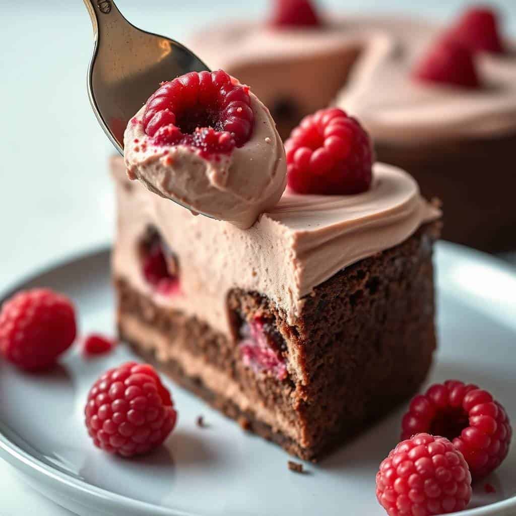 Raspberry chocolate mousse cake slice with whipped cream topping and fresh raspberries on white plate.