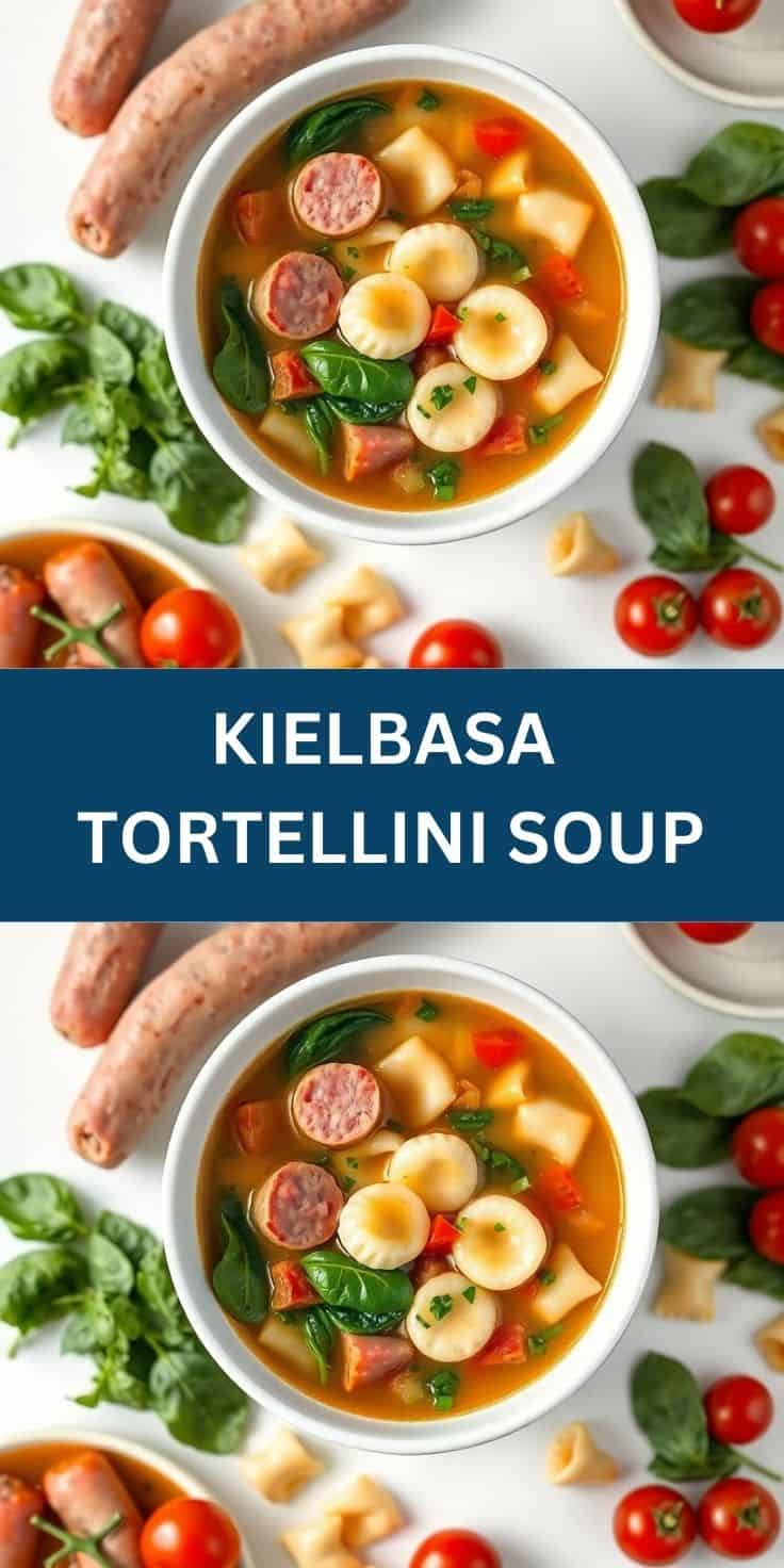 Kielbasa tortellini soup in white bowls with fresh spinach, diced tomatoes, and sliced sausage in golden broth.