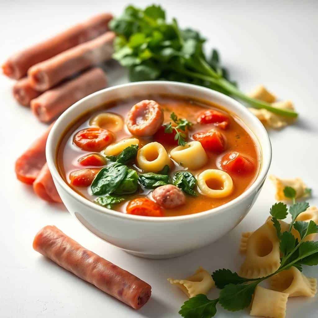 Kielbasa tortellini soup in white bowl with sausage, pasta, red peppers, olives, and fresh parsley garnish.