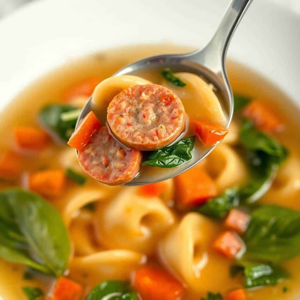 Spoon holding sliced kielbasa, tortellini, and greens over steaming broth in white bowl.