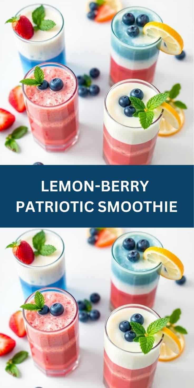 Patriotic smoothies in layered red, white, and blue with berries, lemon slices, and mint garnish.