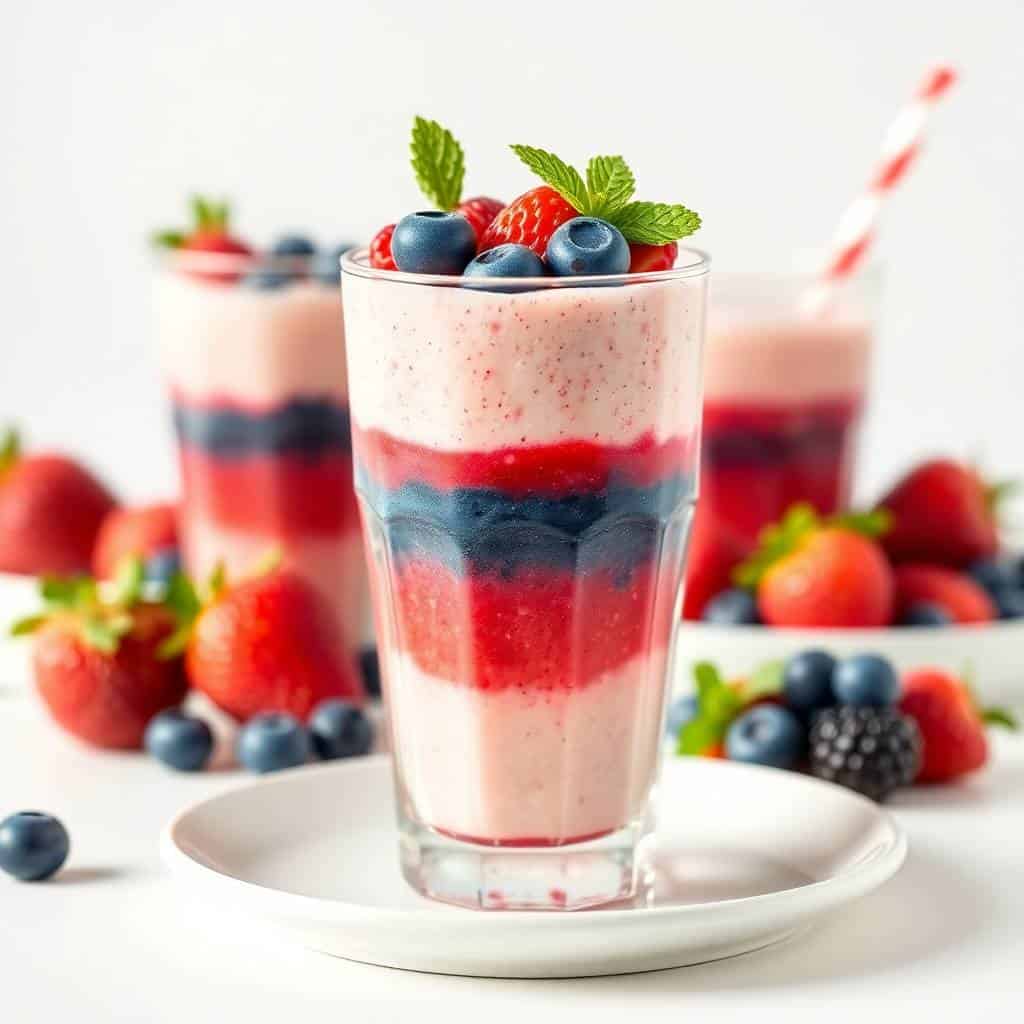 Layered lemon-berry patriotic smoothie in tall glass topped with fresh berries and mint leaves.