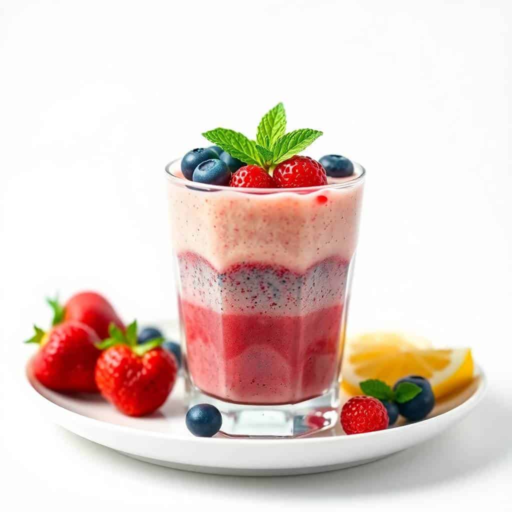 Layered lemon-berry patriotic smoothie in glass with strawberries, blueberries, mint, and fresh berries on white plate.