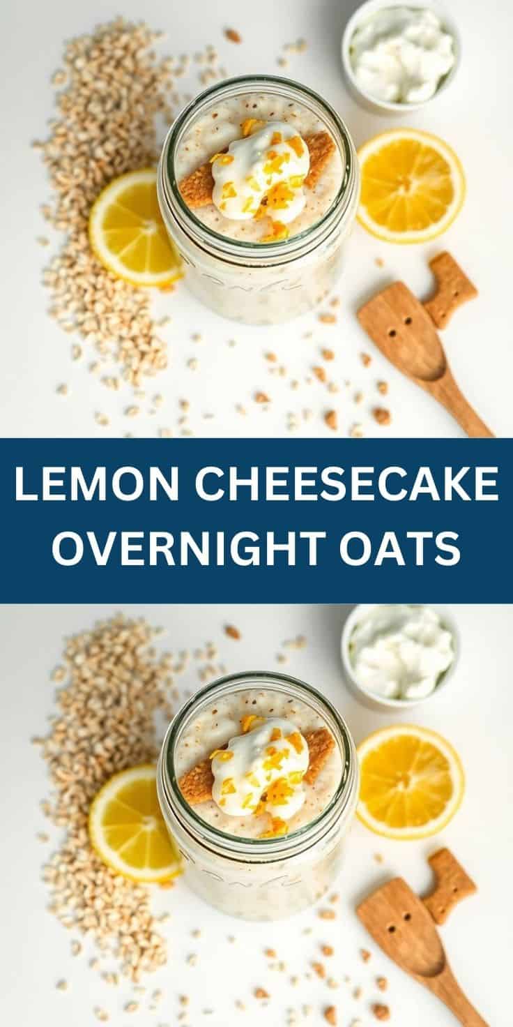 Lemon cheesecake overnight oats in glass jar topped with whipped cream and graham cracker crumbs.