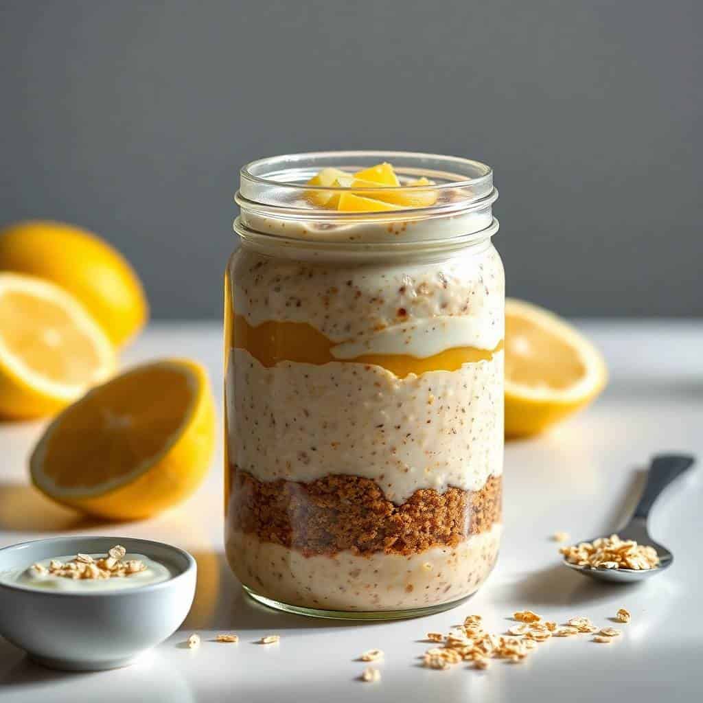 Lemon cheesecake overnight oats layered in glass jar with lemon slices and granola garnish.