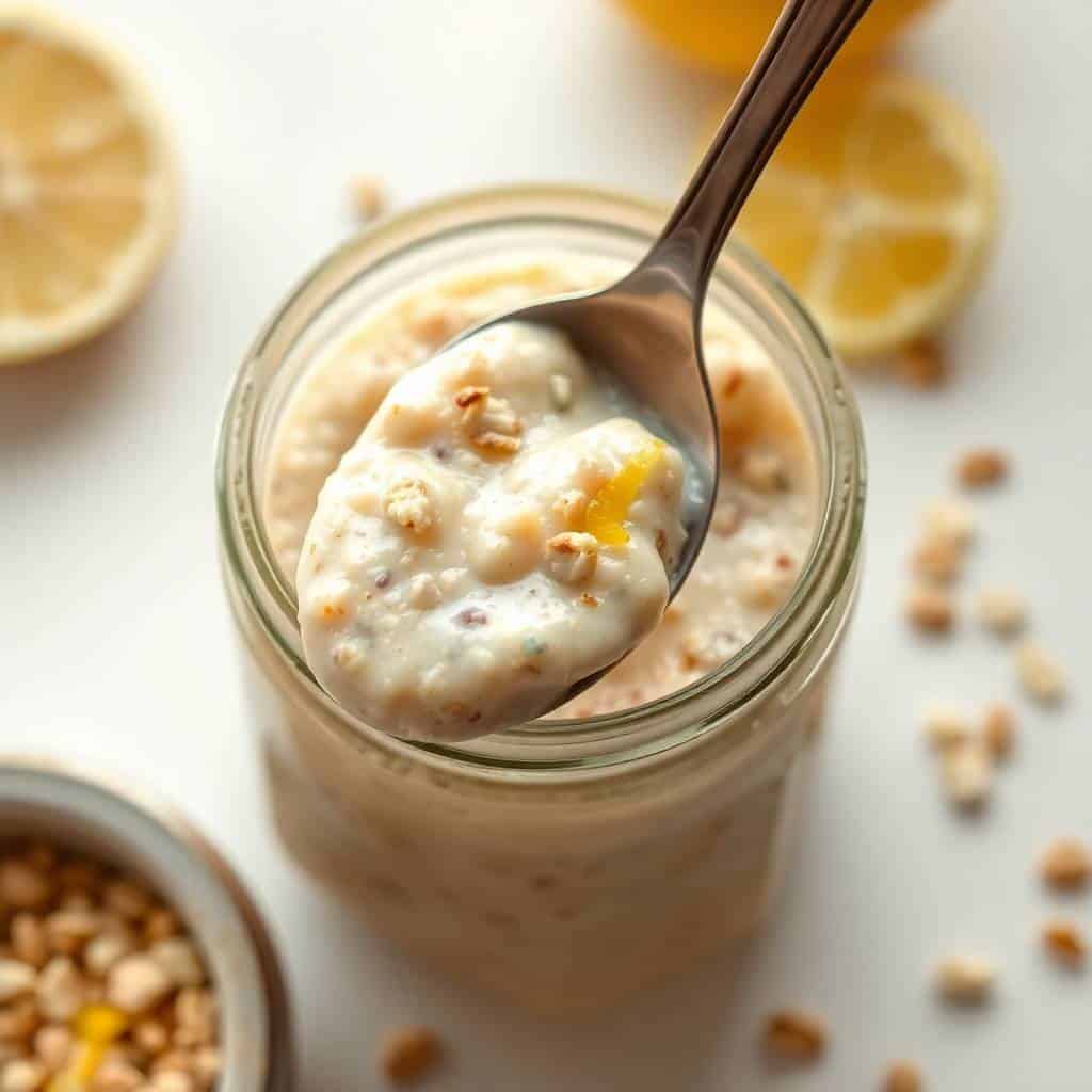 Lemon cheesecake overnight oats in glass jar with spoon, topped with granola and lemon zest.