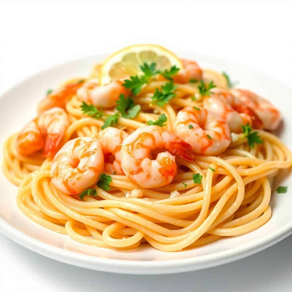Lemon shrimp pasta garnished with parsley and lemon slice on white plate.