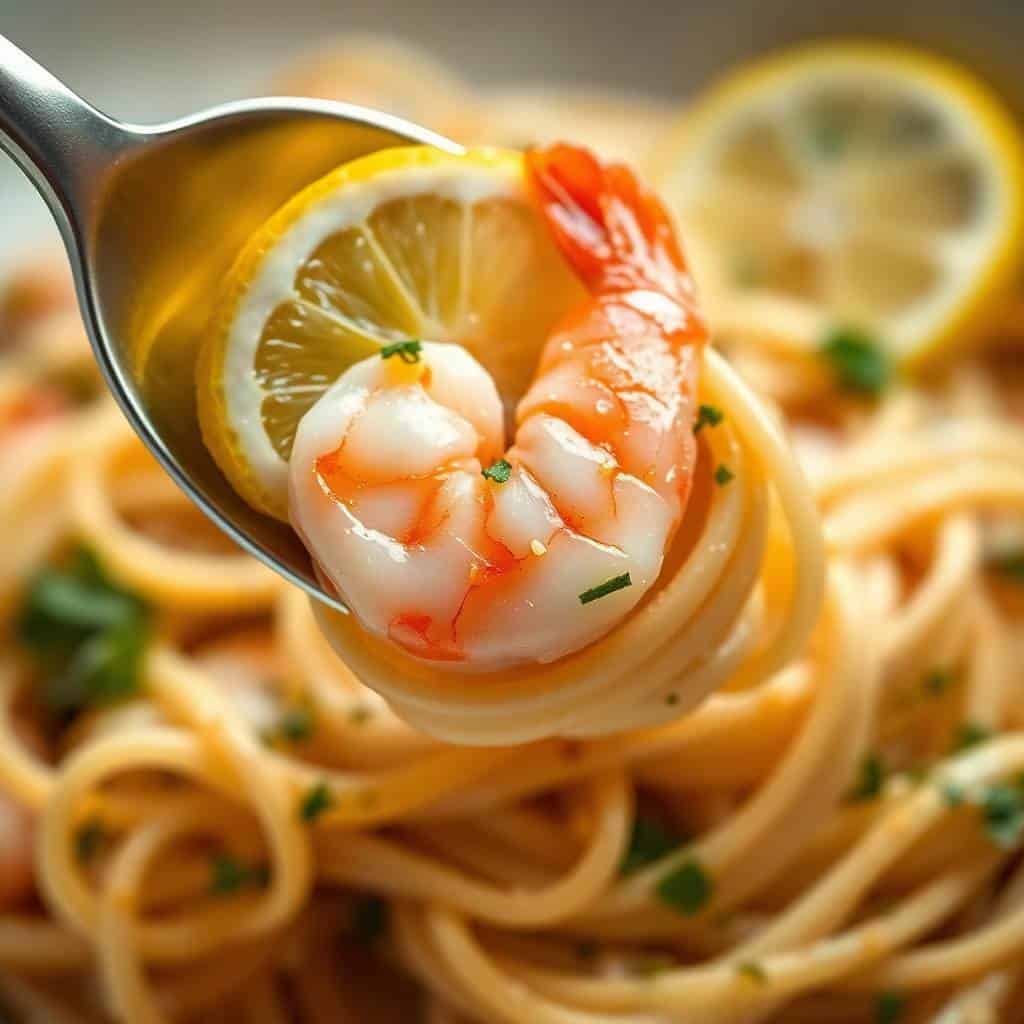 Lemon shrimp pasta twirled on fork with fresh shrimp, lemon slice, and parsley garnish.