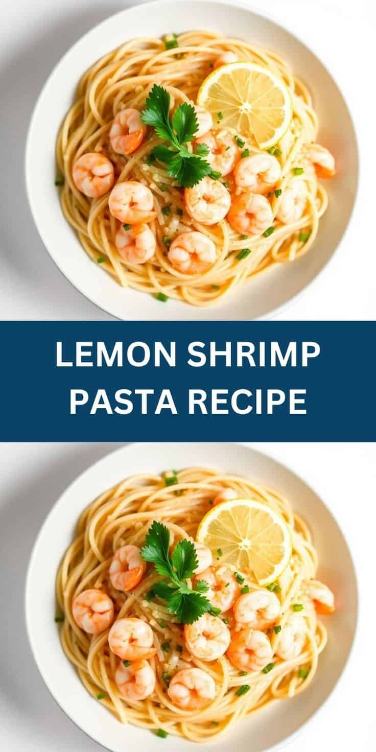Lemon shrimp pasta plated on white dishes, garnished with fresh parsley, lemon slices, and green onions.