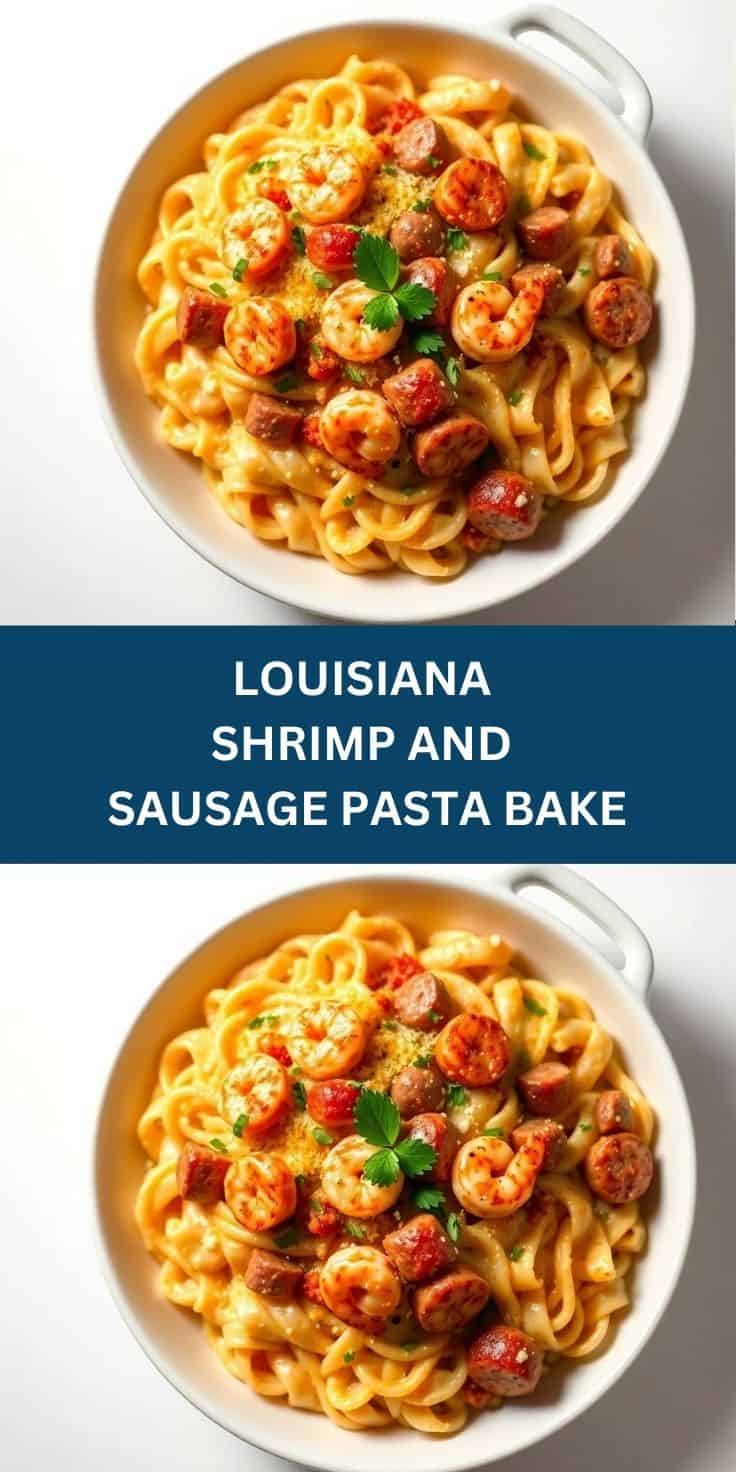 Louisiana shrimp and sausage pasta bake in white dish, topped with parsley garnish.
