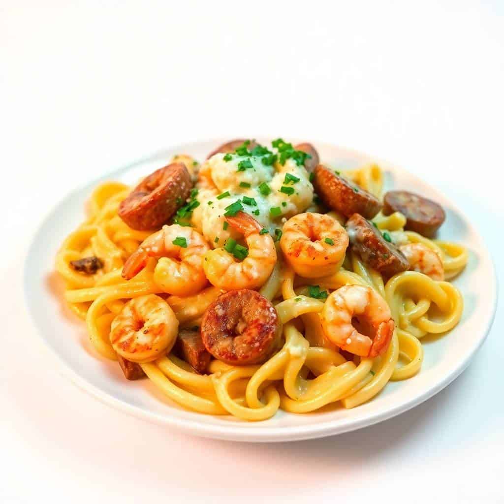 Louisiana shrimp and sausage pasta bake with curly pasta, sausage slices, and fresh chives on white plate.