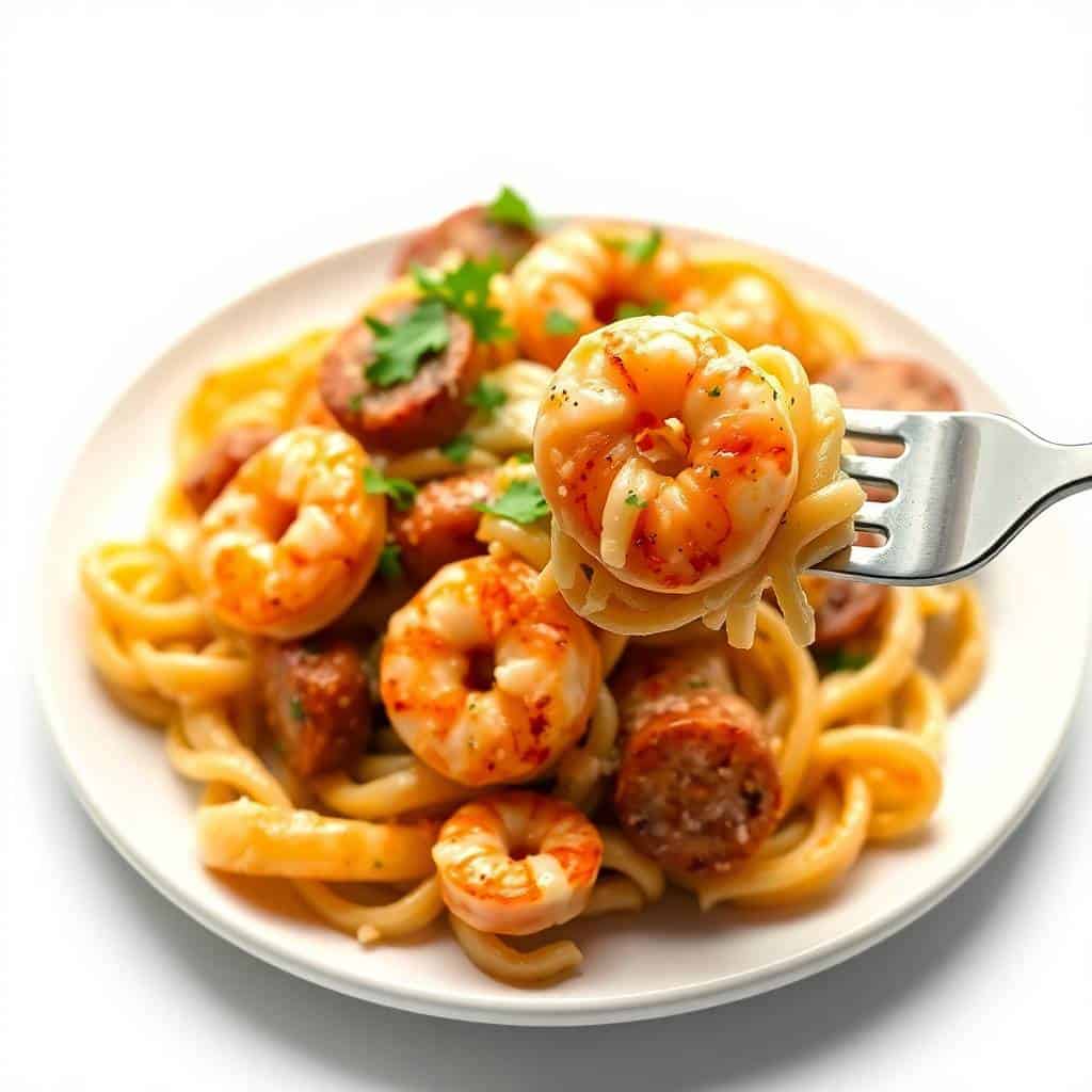 Louisiana shrimp and sausage pasta bake plated with fresh cilantro garnish and fork.