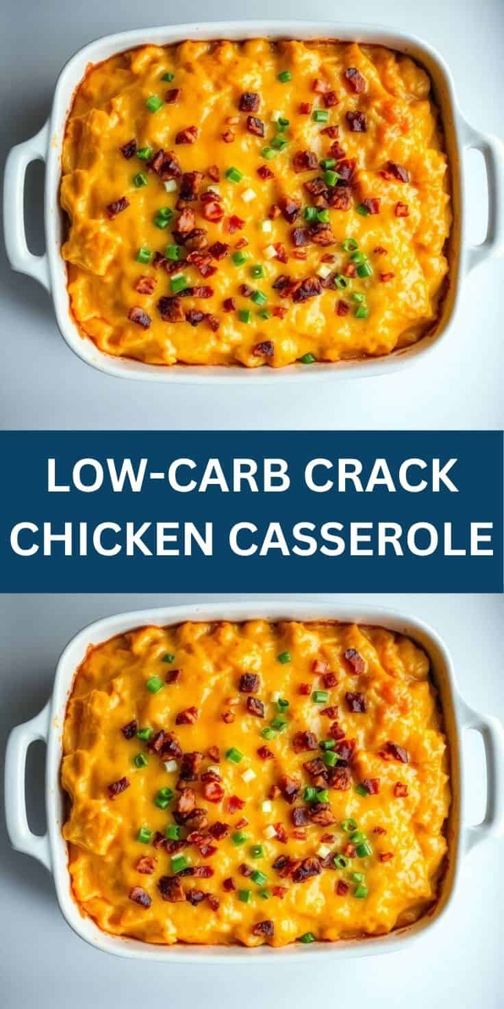 Low-carb crack chicken casserole in white baking dish, topped with melted cheddar cheese, bacon, and green onions.