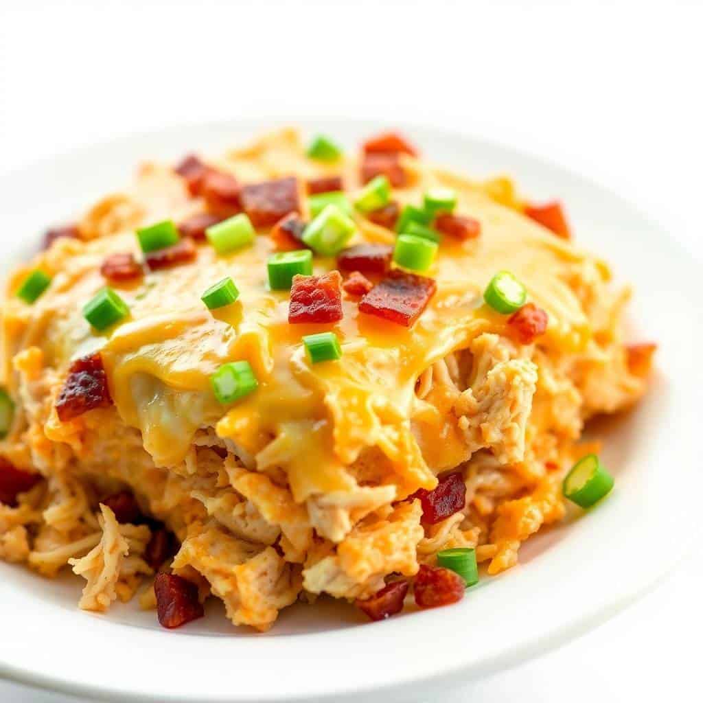 Low-carb crack chicken casserole on white plate, topped with melted cheese, bacon, and green onions.