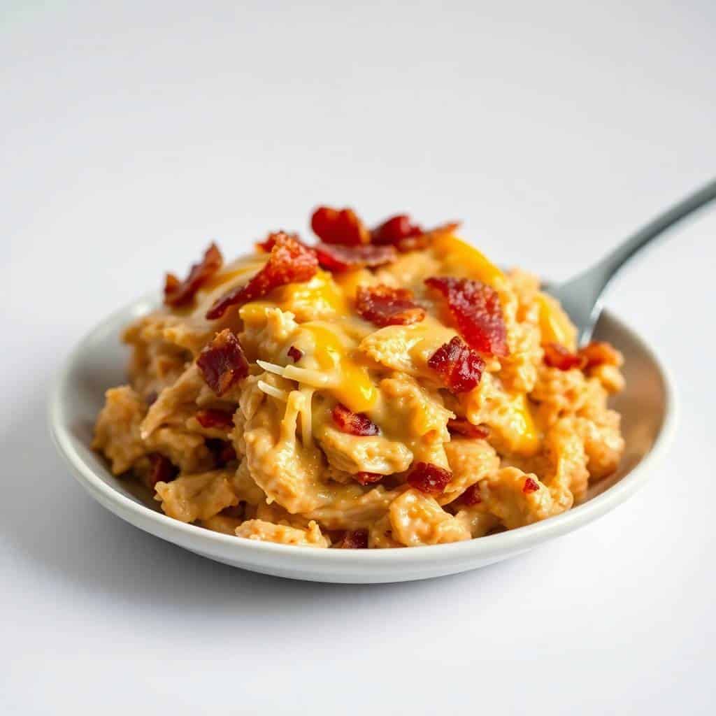 Low-carb crack chicken casserole in white bowl with bacon bits and melted cheese, fork beside.