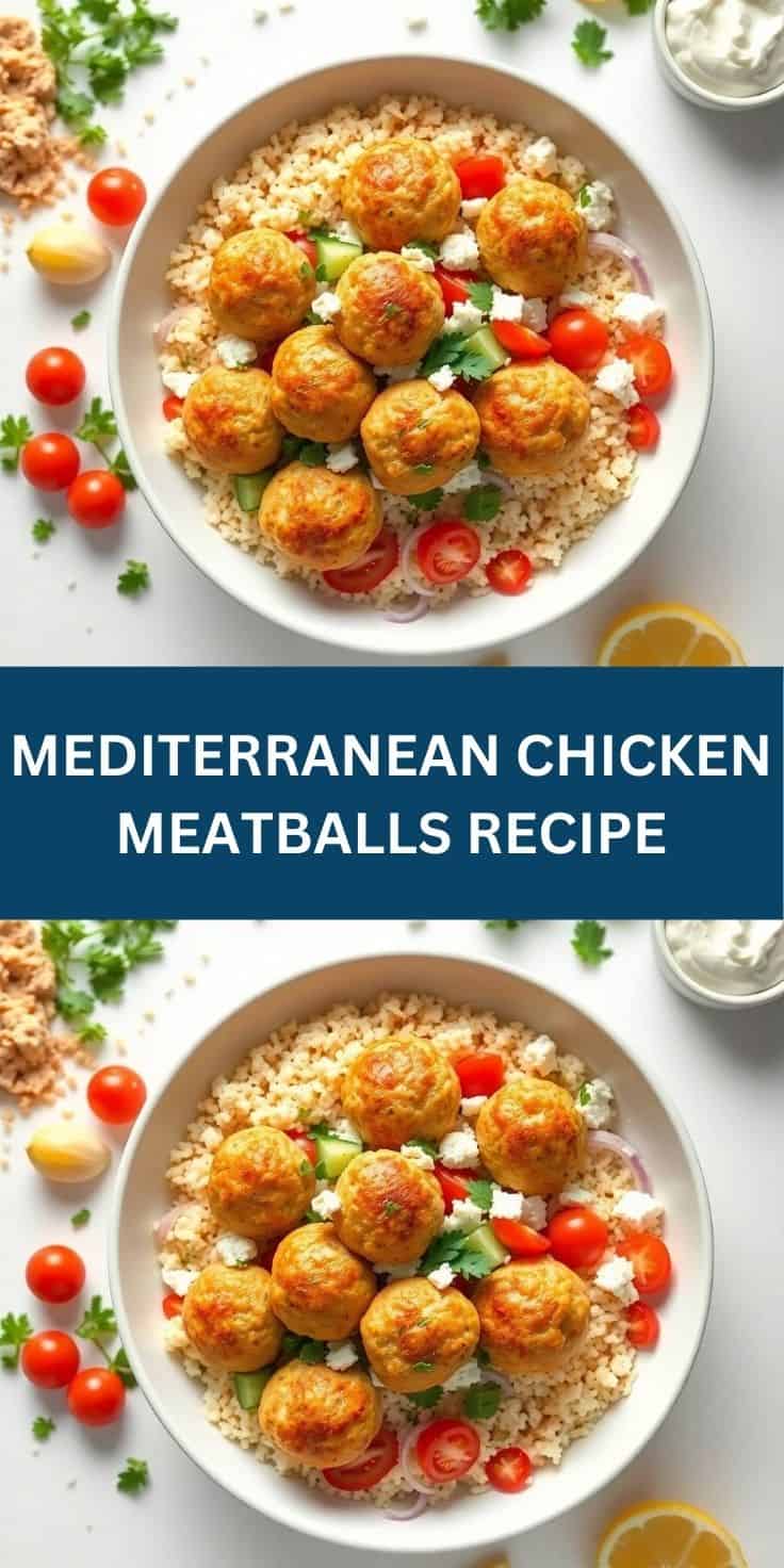 Mediterranean chicken meatballs served over couscous with tomatoes, feta, and fresh herbs in white bowls.