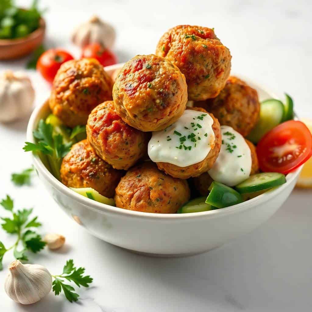Mediterranean chicken meatballs in white bowl with sour cream, cucumber, tomato, and fresh parsley garnish.