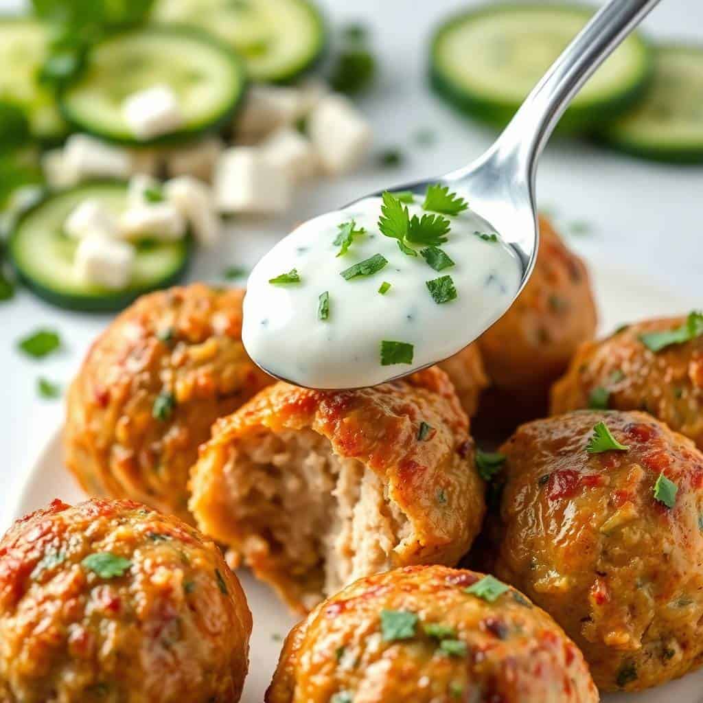 Mediterranean chicken meatballs with sour cream sauce, fresh herbs, and cucumber slices on white plate.