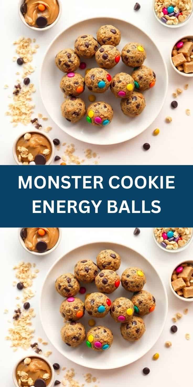 Monster cookie energy balls arranged on white plate with colorful candies, oats, and peanut butter ingredients.