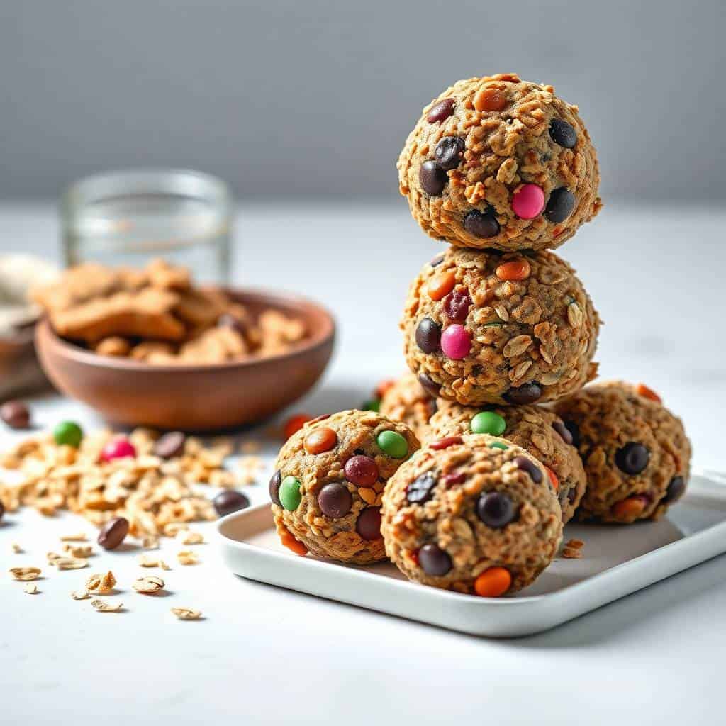 Monster cookie energy balls stacked on white plate with colorful candies and oats, bowl and glass in background.