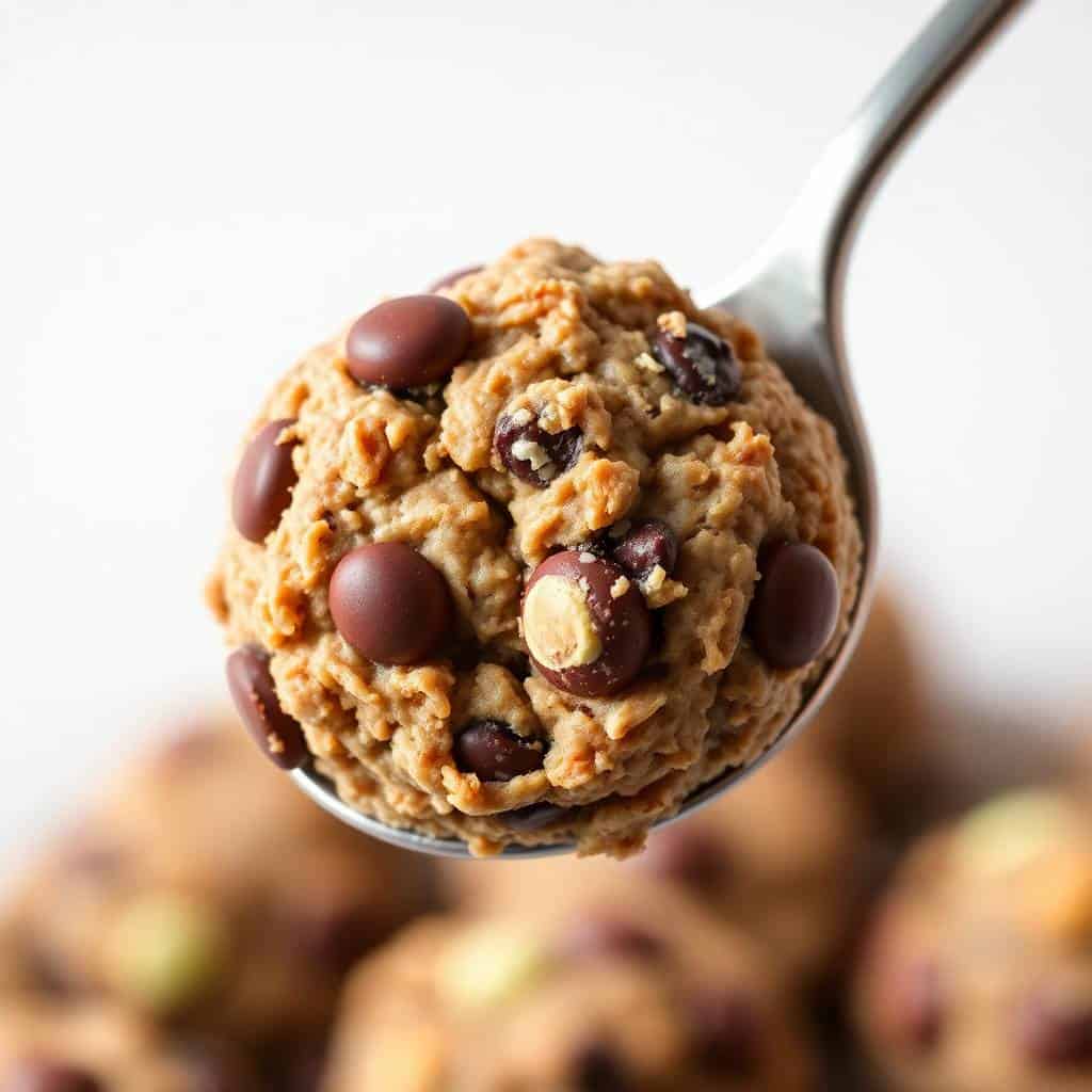 Monster cookie energy ball held on spoon, studded with chocolate chips, close-up view.