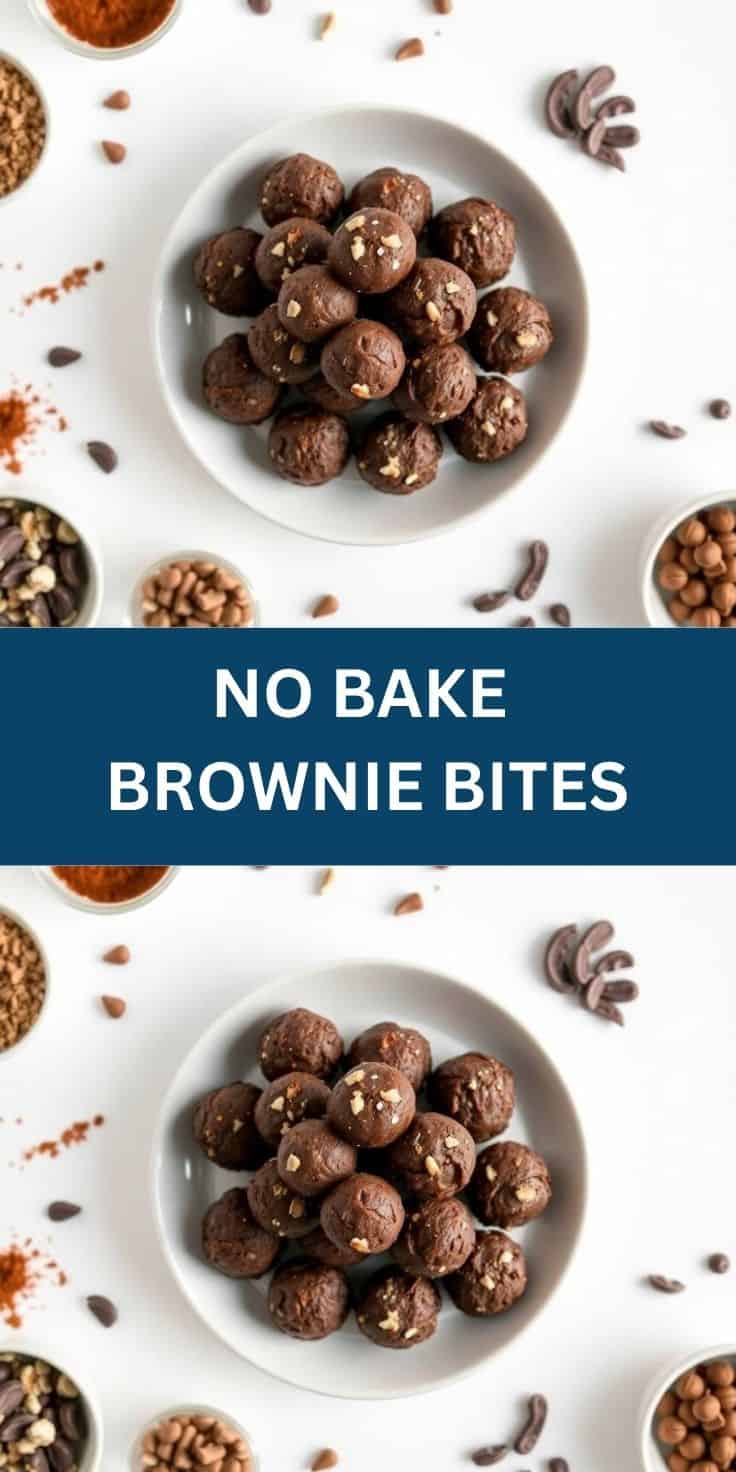 No-bake brownie bites arranged on white plate with nuts and cocoa powder ingredients surrounding.