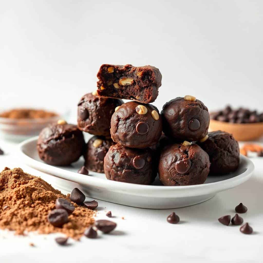 No-bake brownie bites stacked on white plate with cocoa powder and chocolate chips scattered nearby.