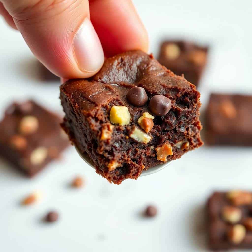 Hand holding a fudgy no-bake brownie bite studded with chocolate chips and nuts.