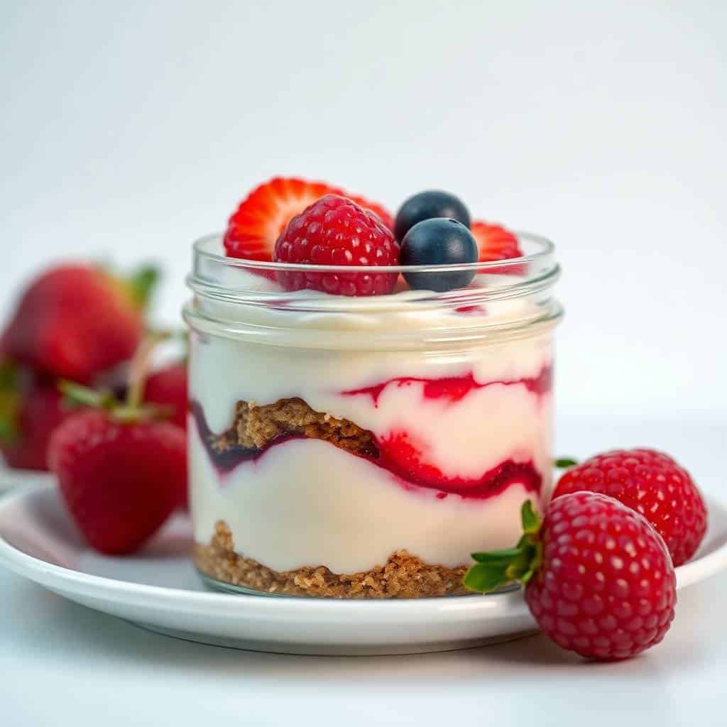 No-bake cheesecake jar with graham cracker crust, creamy filling, berries, and fresh raspberries.