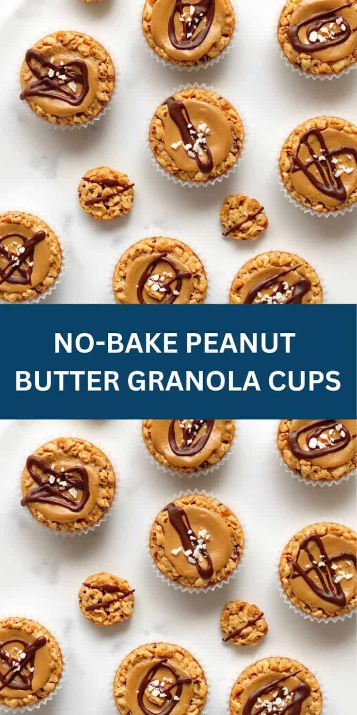 No-bake peanut butter granola cups with chocolate drizzle and sea salt on white surface.