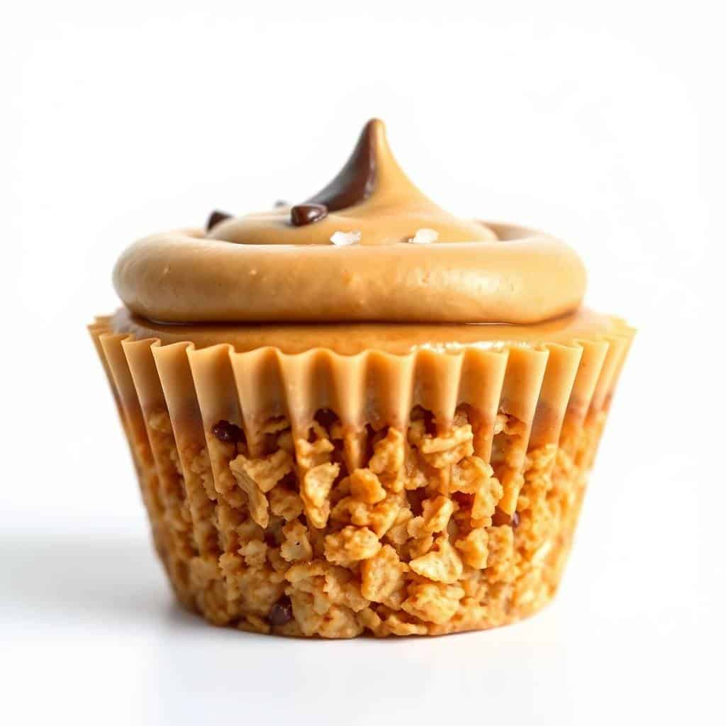 No-bake peanut butter granola cup with creamy frosting, chocolate chips, and crunchy cereal base.