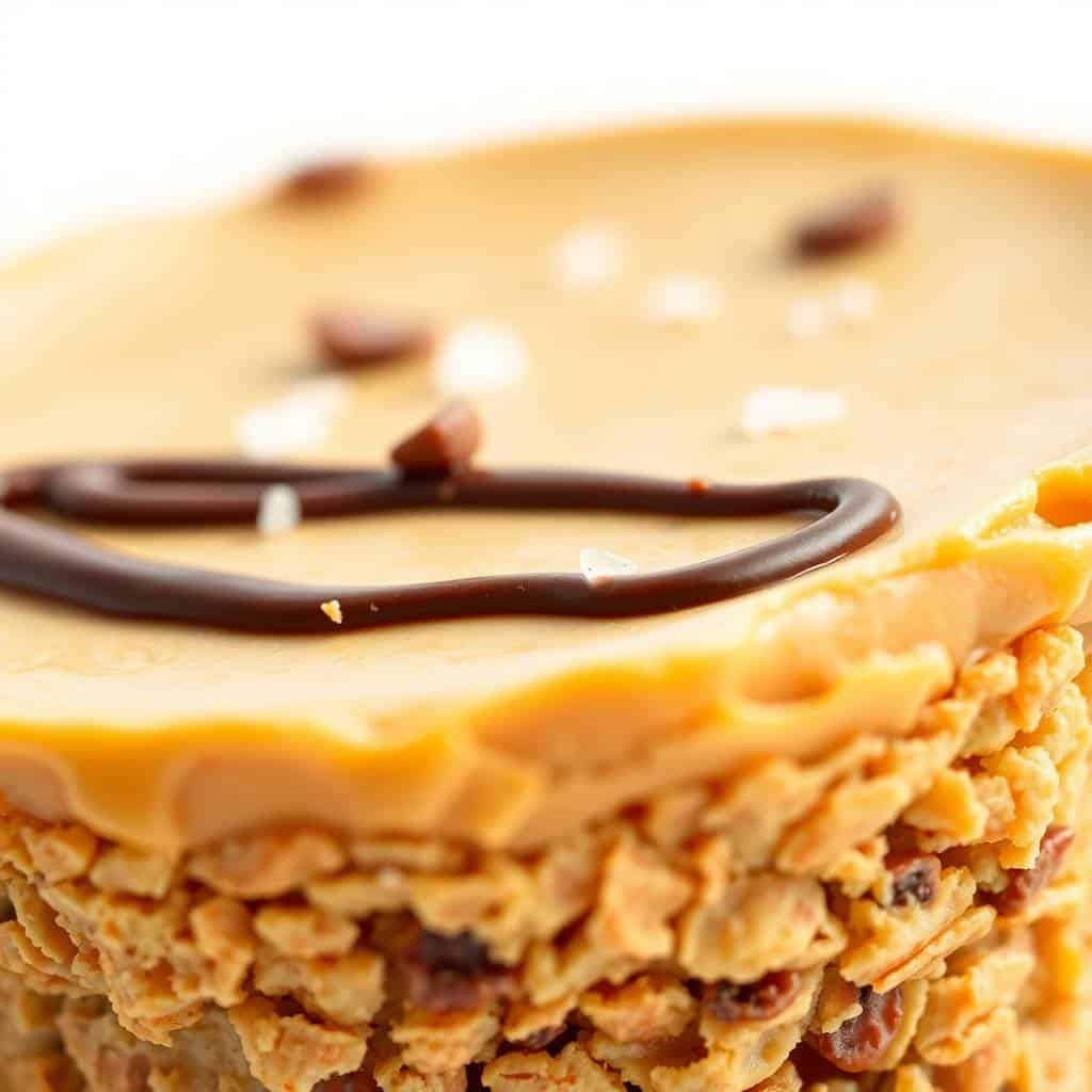 No-bake peanut butter granola cup with vanilla bean garnish and chocolate drizzle on top.