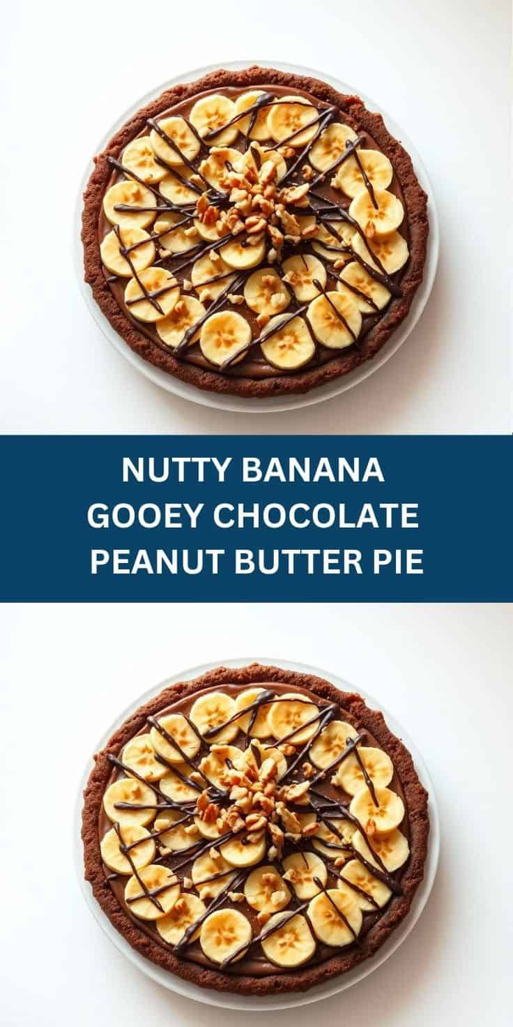 Nutty banana chocolate peanut butter pie with sliced bananas, chocolate drizzle, and walnut center in pie crust.