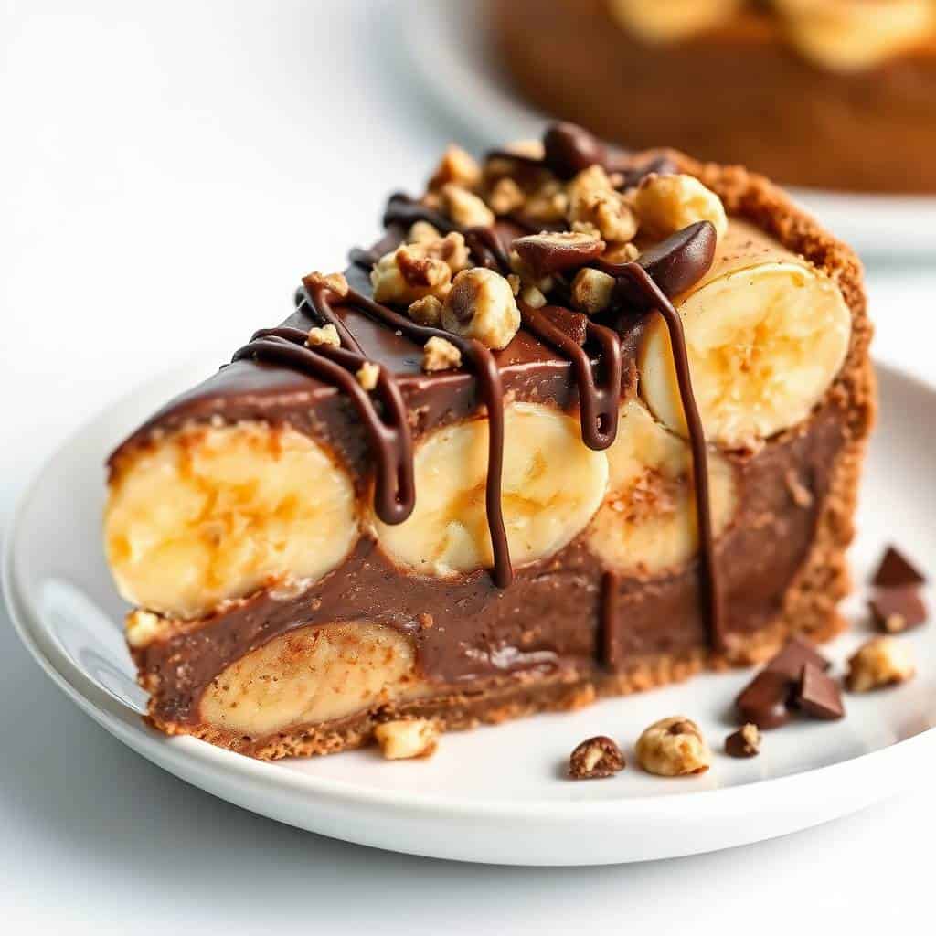 Slice of chocolate peanut butter pie with banana slices, chocolate drizzle, and chopped nuts on white plate.