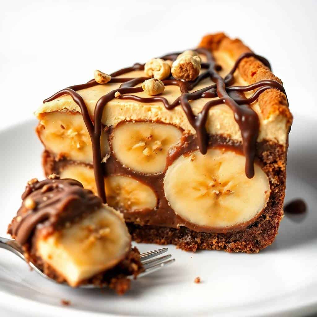 Slice of chocolate peanut butter pie with banana layers, chocolate drizzle, and hazelnut garnish on white plate.
