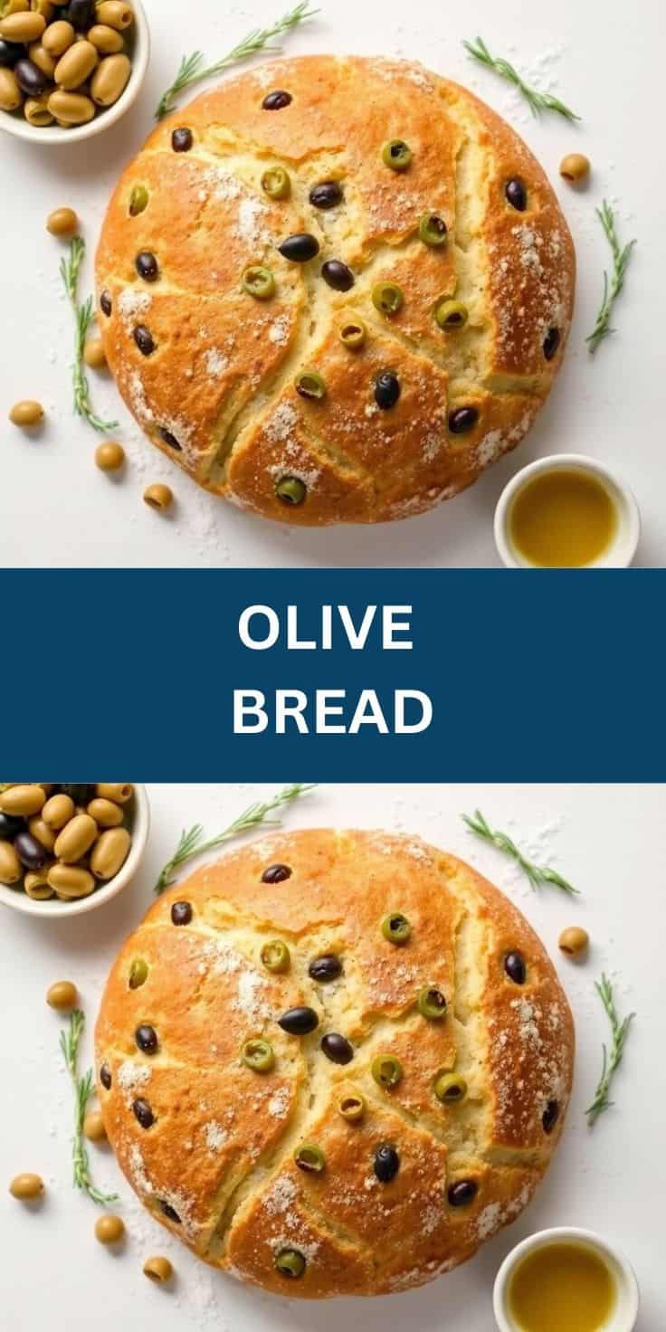 Rustic olive bread loaf with green and black olives, rosemary sprigs, olives in bowl, and olive oil.