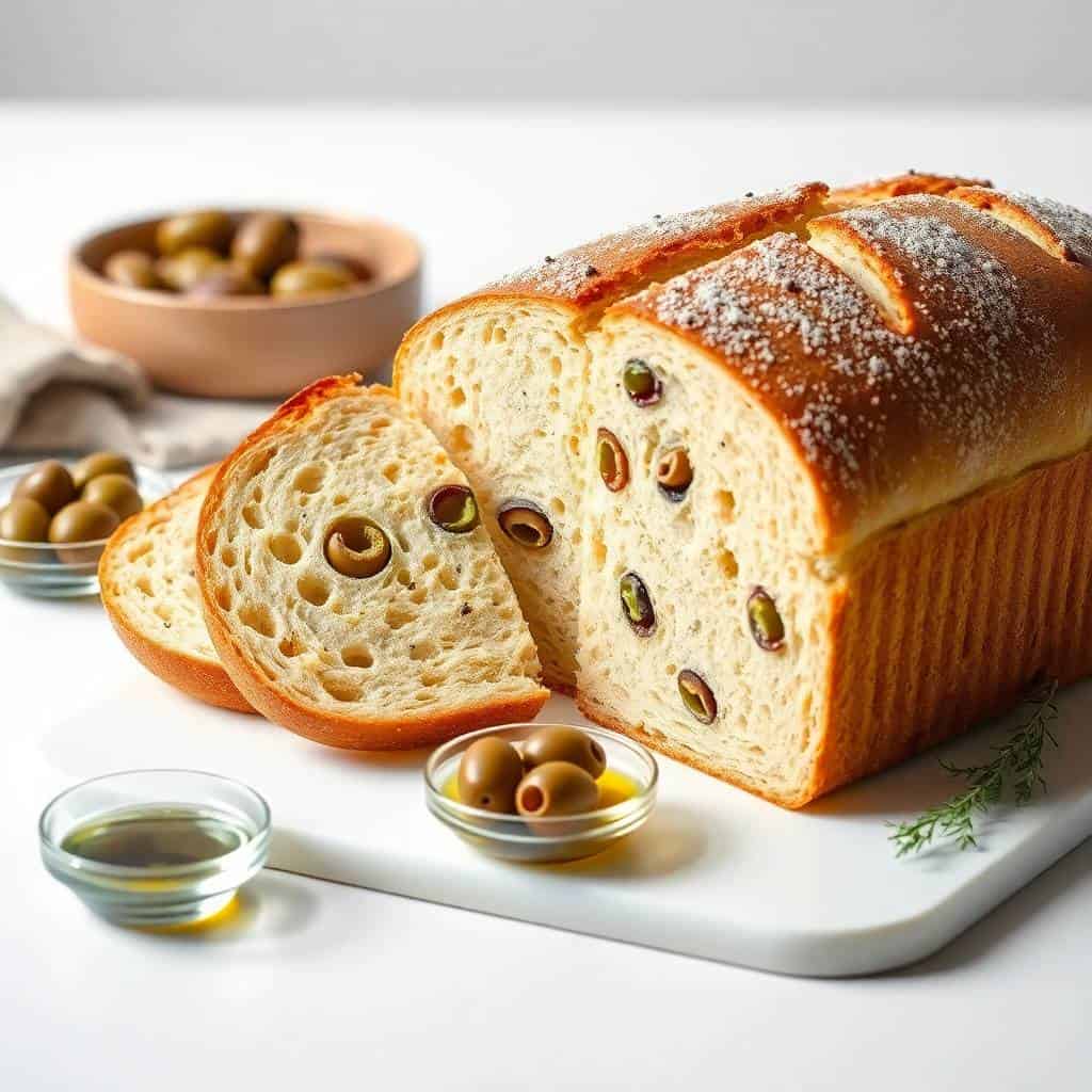 Sliced olive bread with green olives, powdered sugar topping, served on white plate with olive oil and garnish.