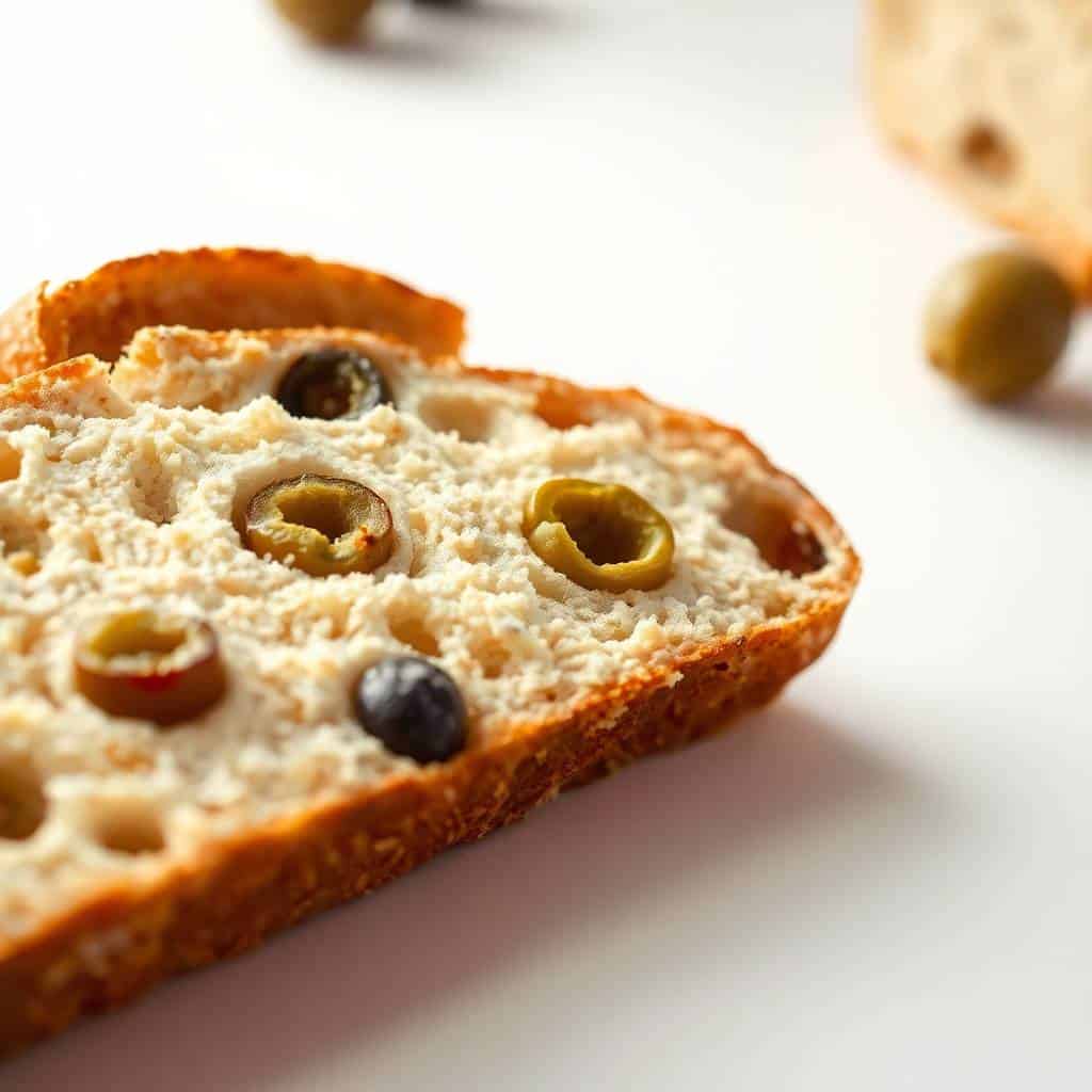 Sliced olive bread with green and black olives embedded in soft, airy crumb and golden crust.