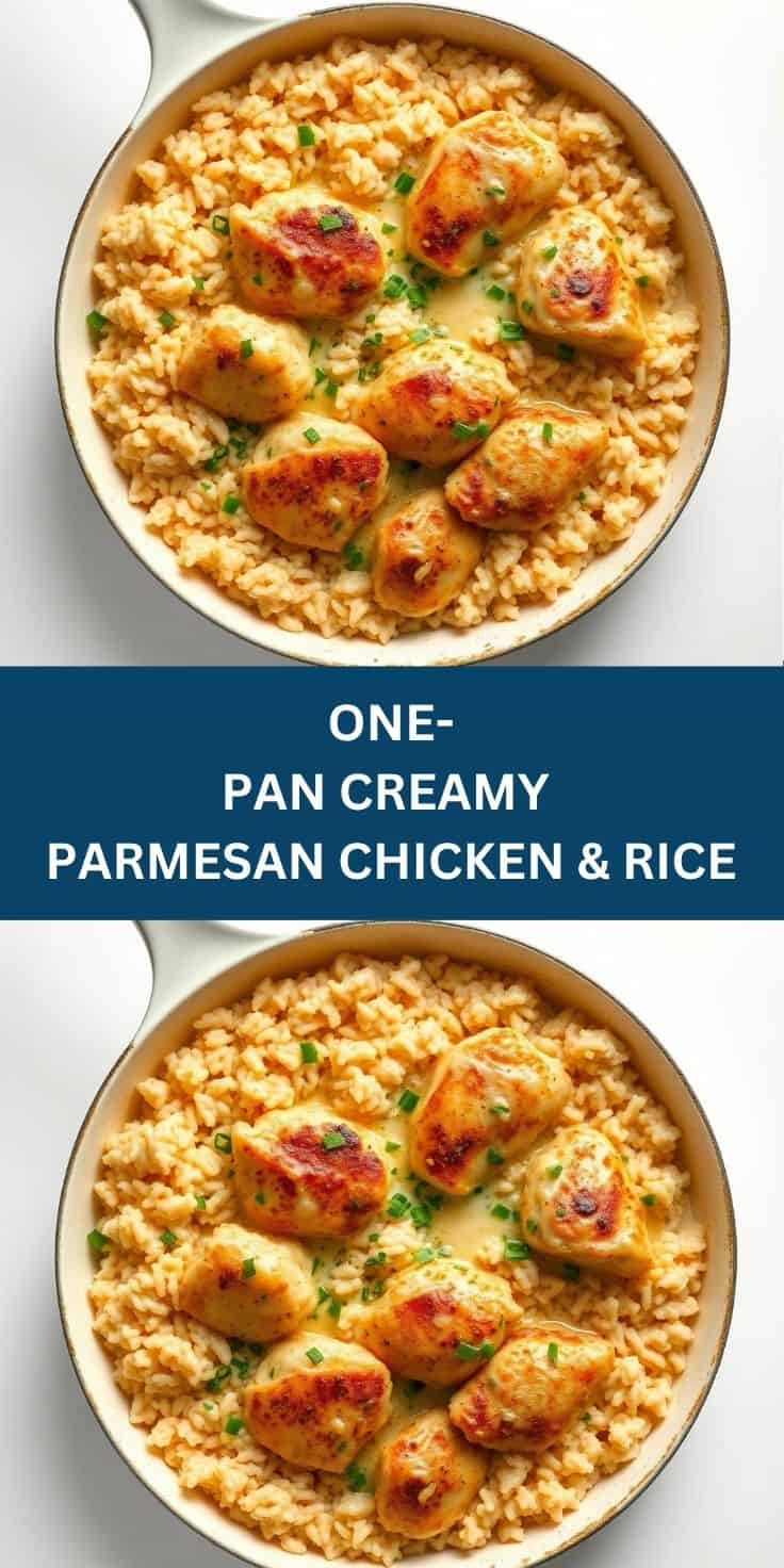Creamy parmesan chicken and rice in white pan, garnished with green onions, overhead view.
