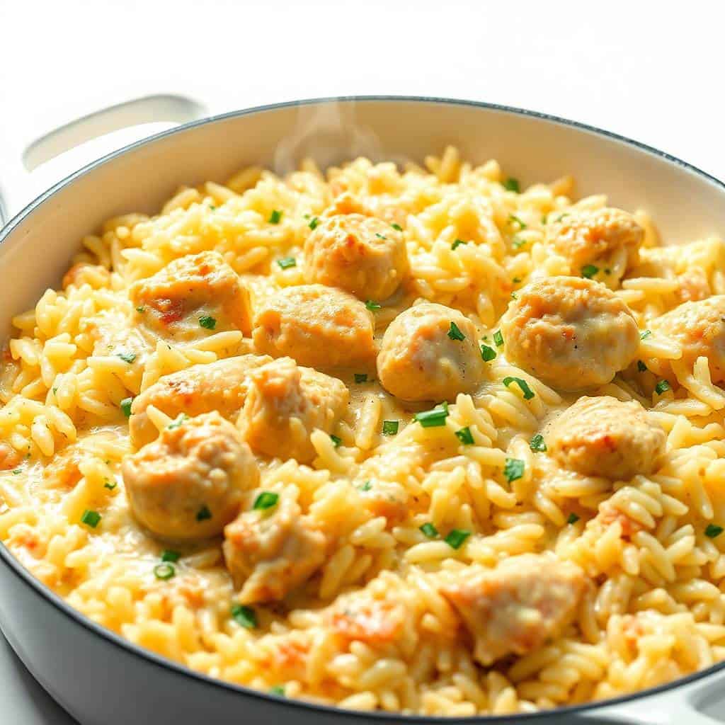 Creamy Parmesan chicken and rice in white Dutch oven, garnished with green chives.