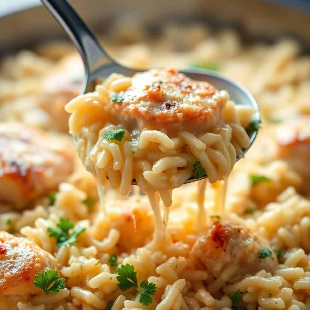 Creamy Parmesan chicken and rice on spoon, garnished with parsley over pan of dish.