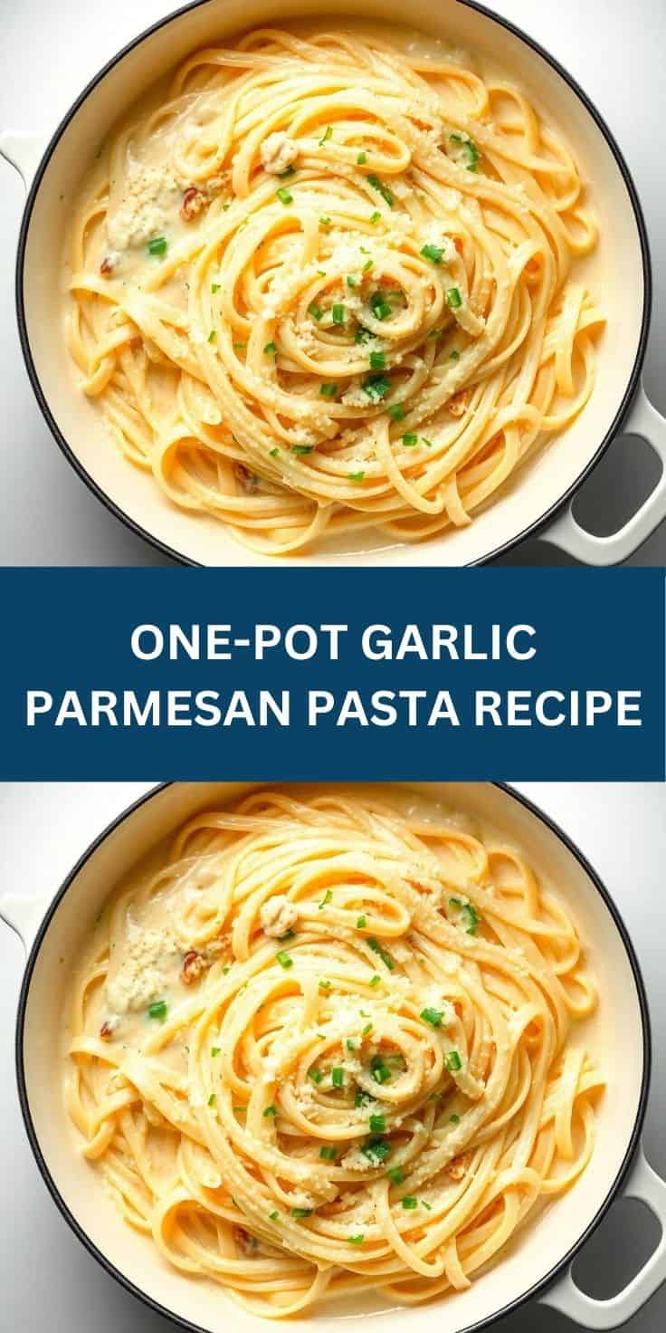 Creamy garlic parmesan pasta in white pot, garnished with fresh chives, overhead view.
