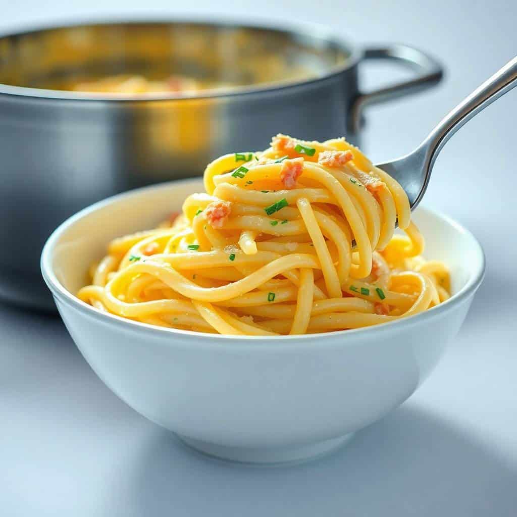 One-pot garlic parmesan pasta twirled on fork, garnished with fresh chives in white bowl.