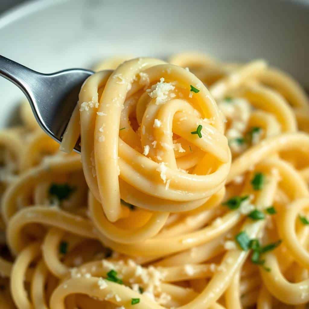 Fork lifting creamy garlic Parmesan pasta with cheese and fresh chives garnish over white bowl.