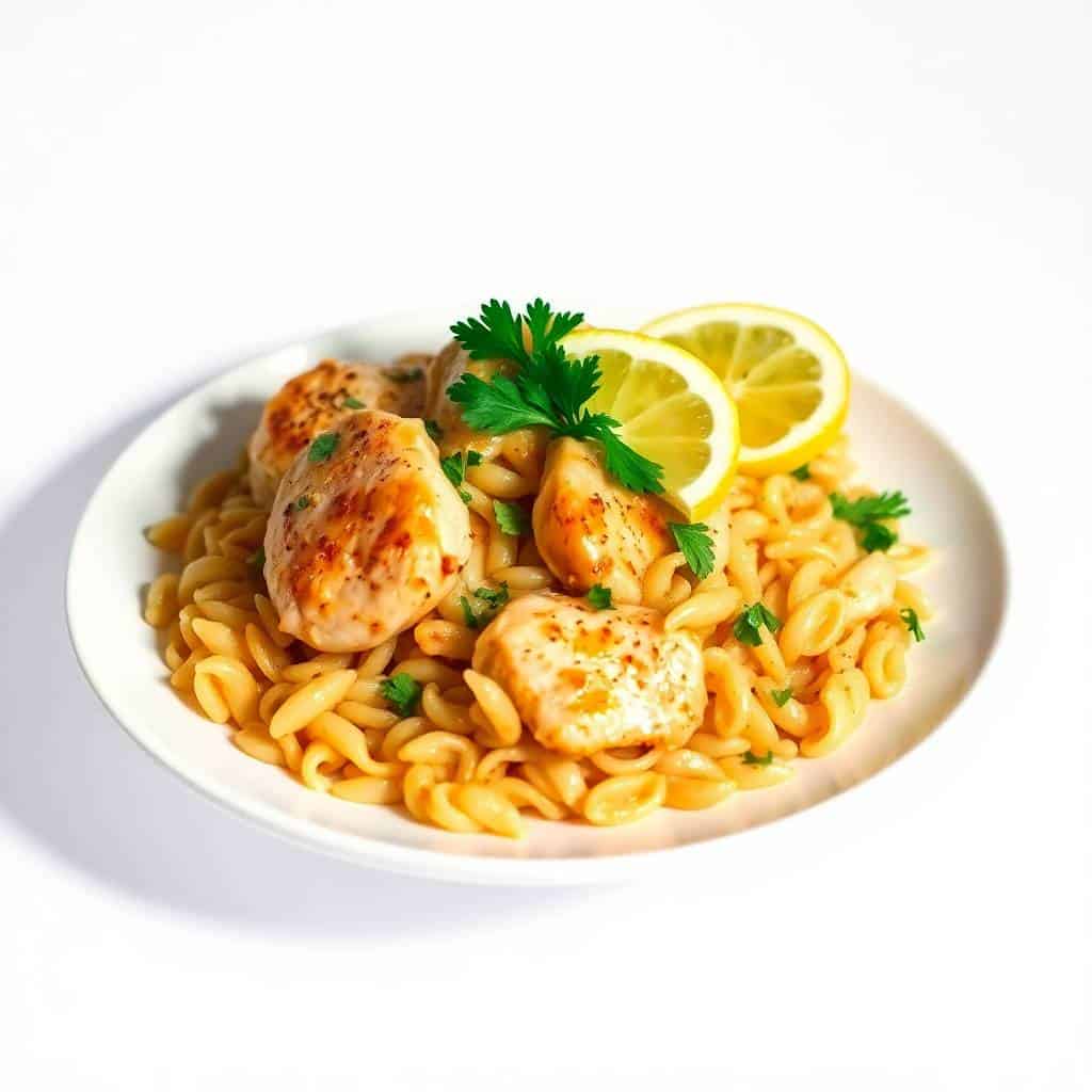 Lemon chicken orzo served on a white plate, garnished with fresh parsley and lemon slices.