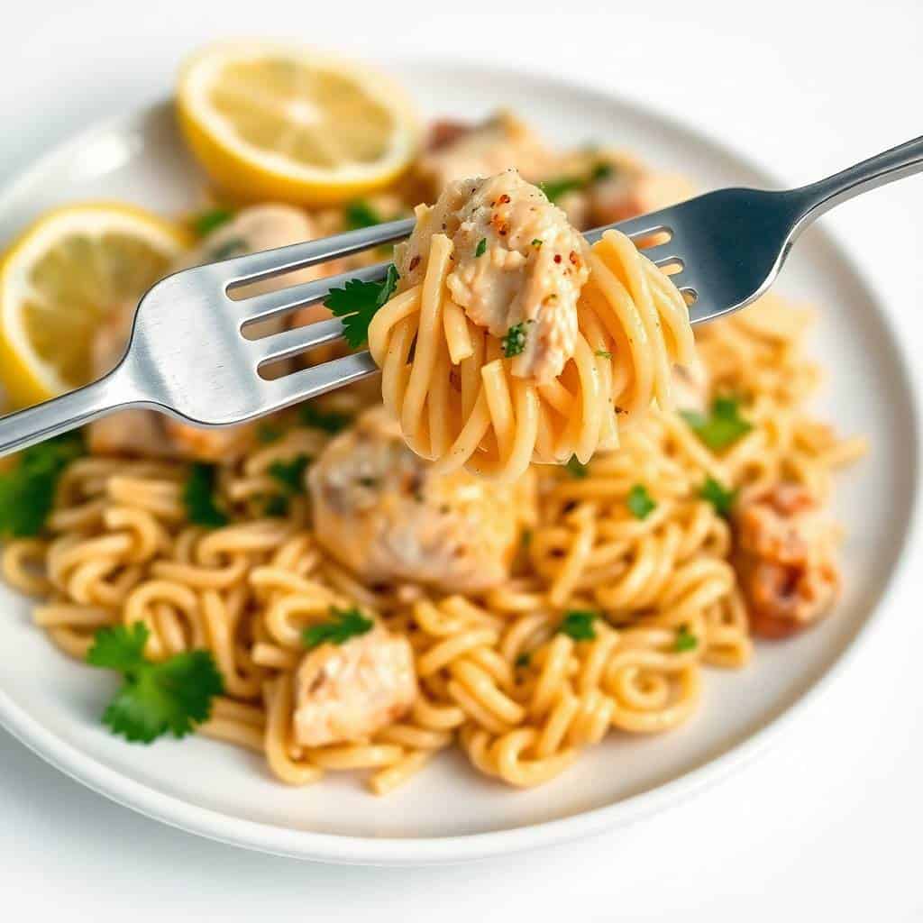 Fork twirling creamy lemon chicken orzo pasta garnished with parsley and lemon slices on white plate.