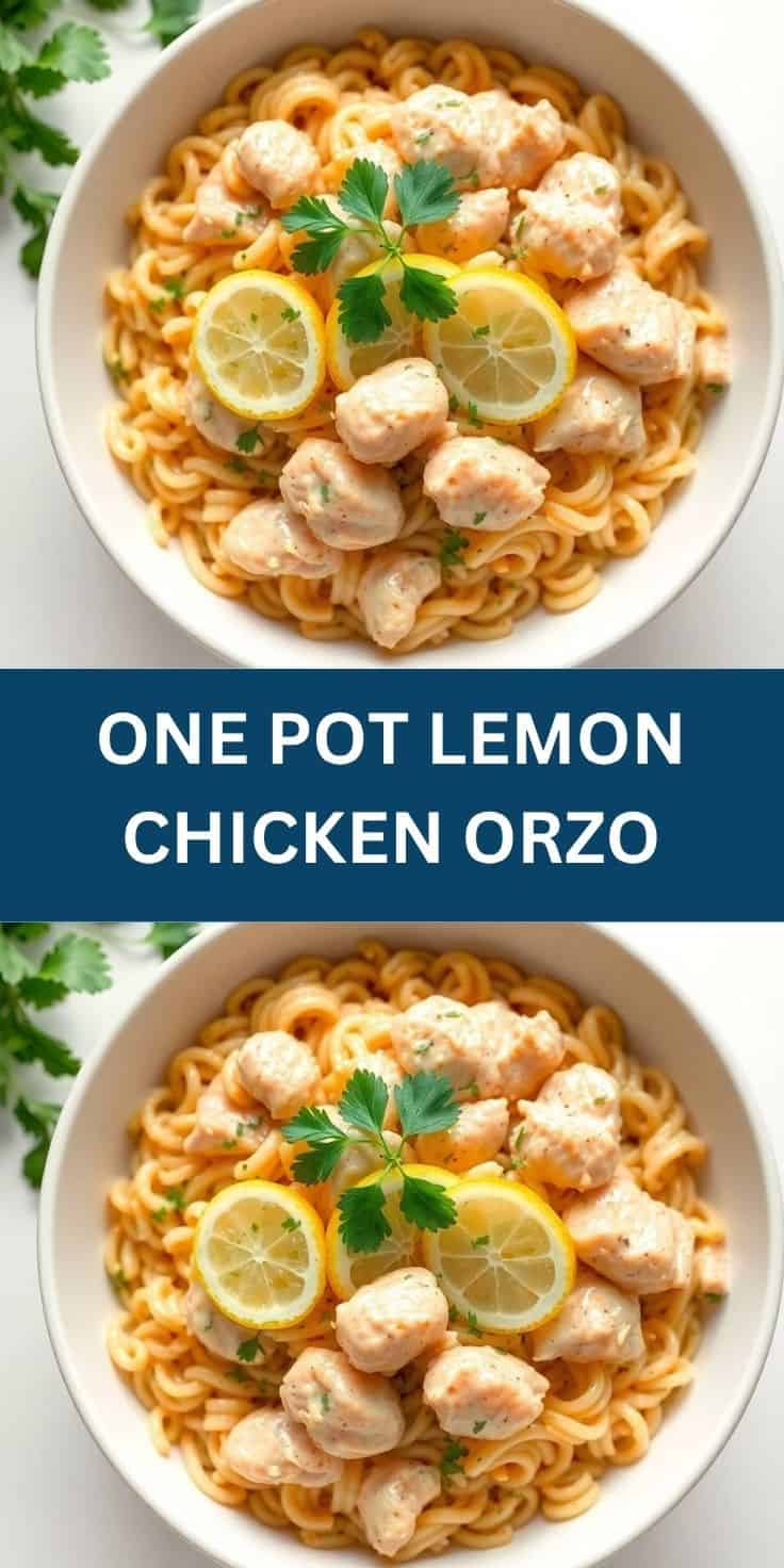 One pot lemon chicken orzo served in white bowls, garnished with fresh parsley and lemon slices.