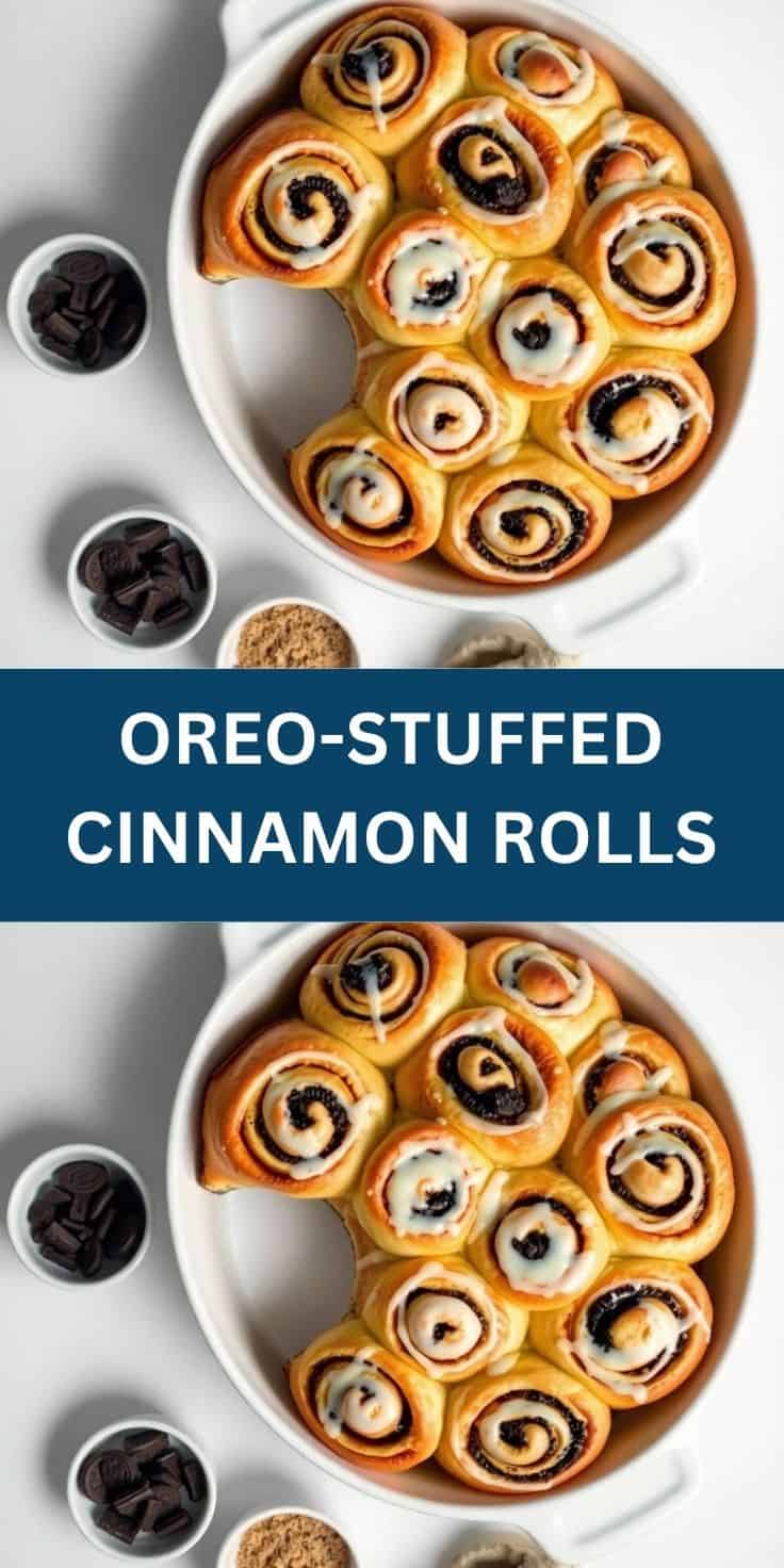 Overhead view of golden-brown Oreo-stuffed cinnamon rolls in white baking dish with dark filling visible.