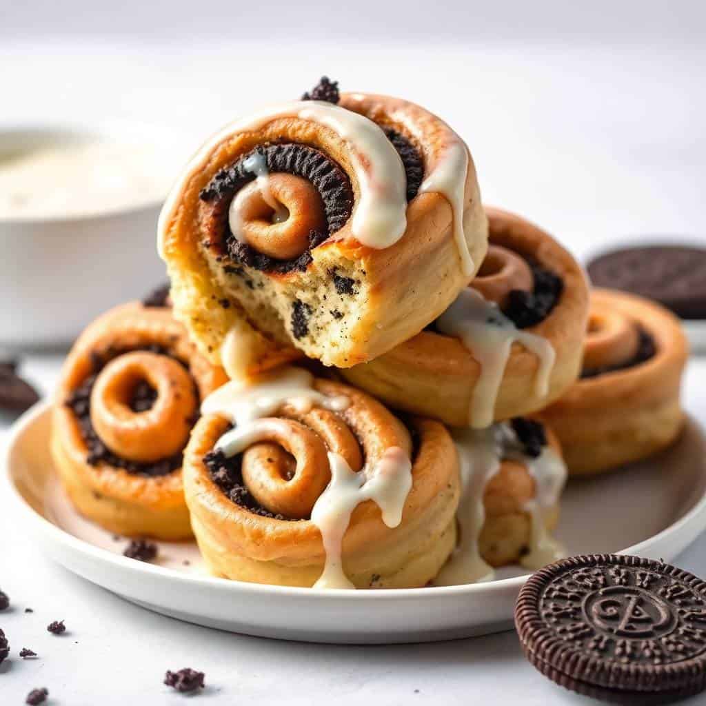 Oreo-stuffed cinnamon rolls with white icing drizzle stacked on white plate with cookie crumbles.